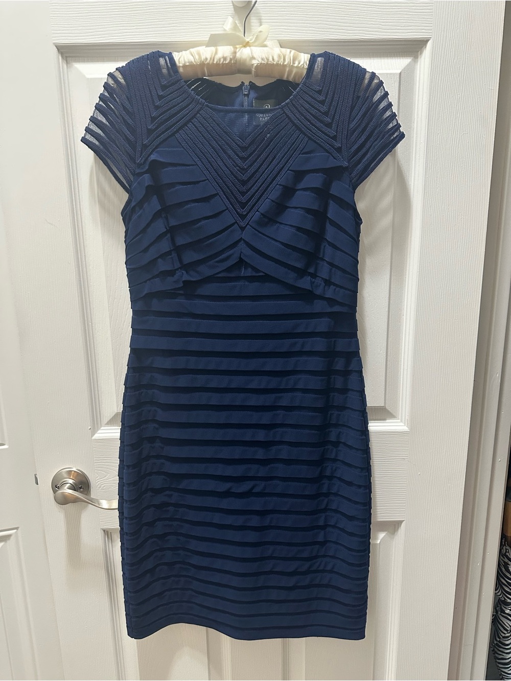 Adrianna Papell Navy Textured Band V-Neck Midi Dress